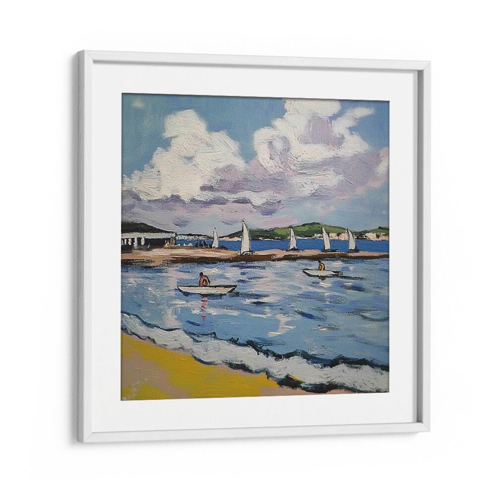 Enchanting SAILBOATS ON THE BEACH artwork captures serene coastal beauty, perfect for enhancing home decor.