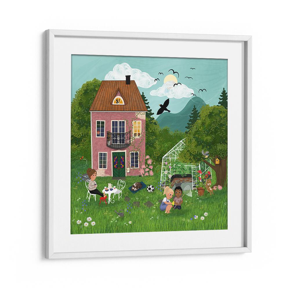 Colorful SUMMERDAY IN THE GARDEN, KIDS ROOM PAINTINGS featuring children playing in a vibrant garden scene.