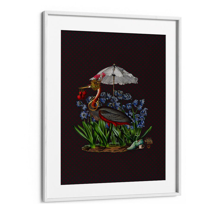 Whimsical ENCHANTED FOREST I, ANIMAL PAINTINGS artwork features vibrant flowers and a bird under a charming umbrella.