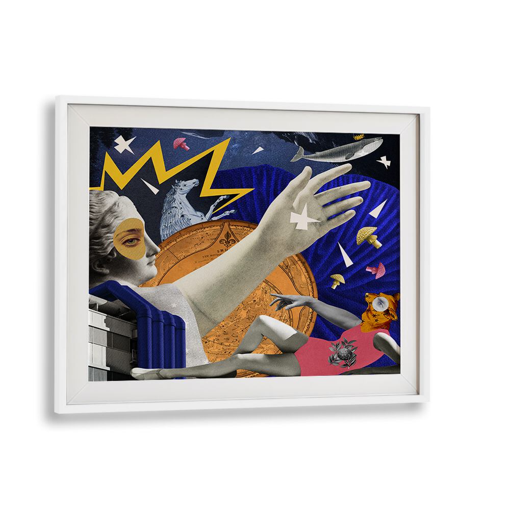 Whimsical blend of modern art and celestial elements in SPACE QUEEN, SURREAL ART PRINTS for unique decor.