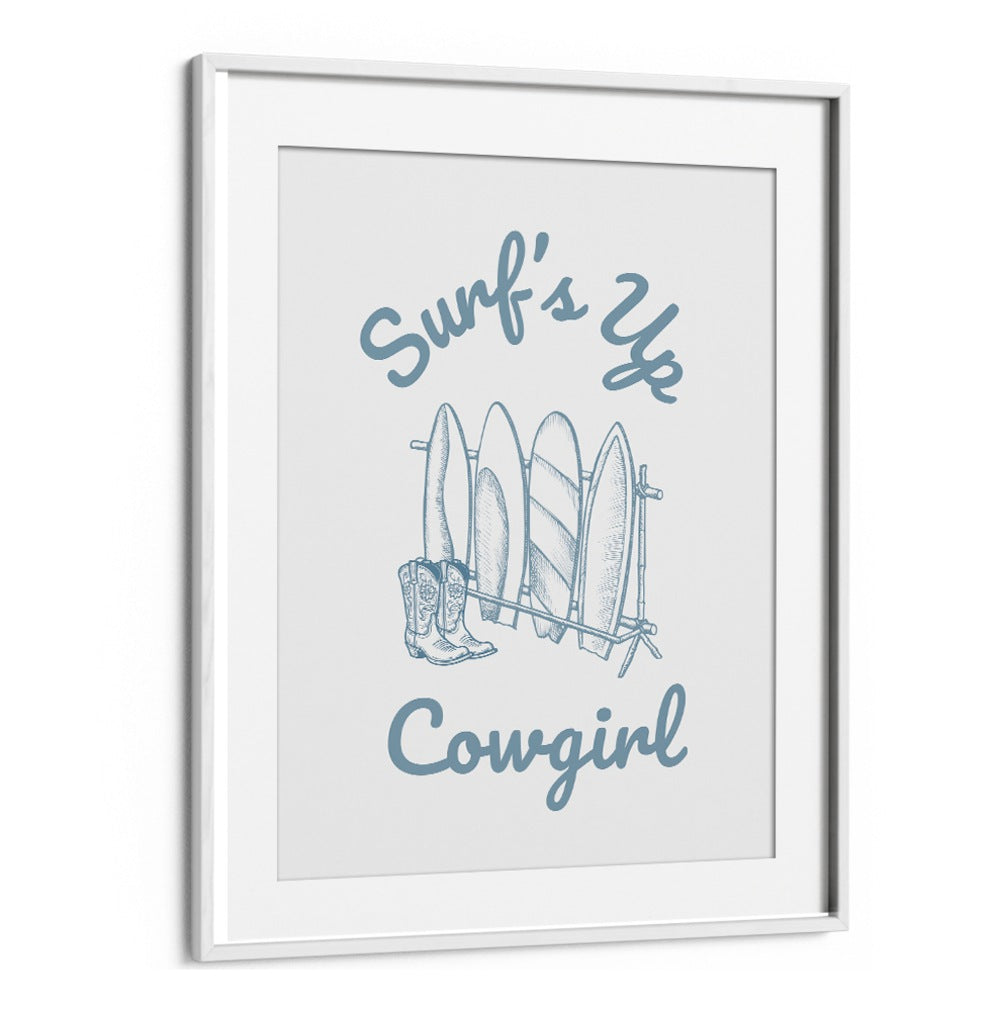 Stylish SURFS UP COWGIRL beach painting featuring surfboards and cowboy boots, perfect for adventurous decor.