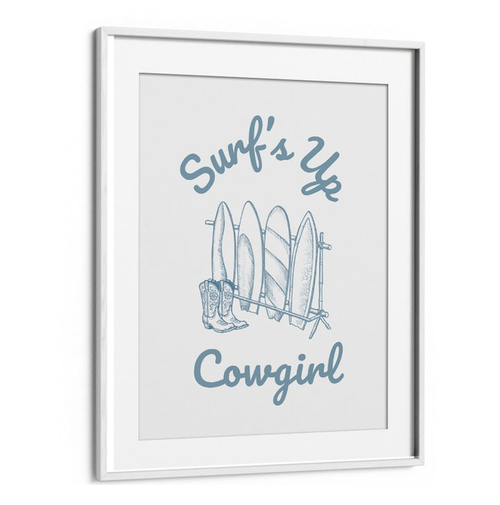 Stylish SURFS UP COWGIRL beach painting featuring surfboards and cowboy boots, perfect for adventurous decor.