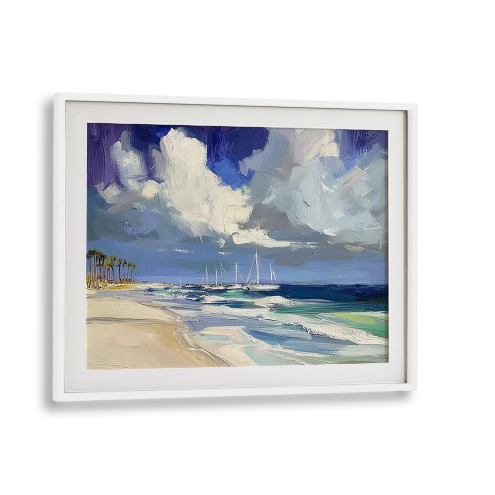SAILBOATS ON THE BEACH II artwork showcases tranquil sailboats gliding across serene waters, perfect for coastal decor.