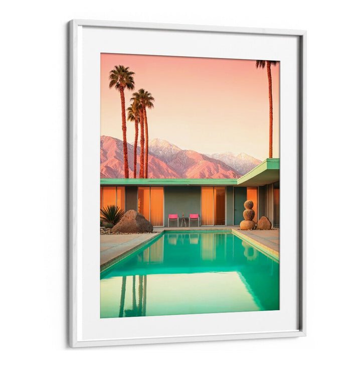 MOTEL 66 PALM SPRINGS, BEACH PAINTINGS showcasing mid-century design and vibrant colors in a serene pool setting.