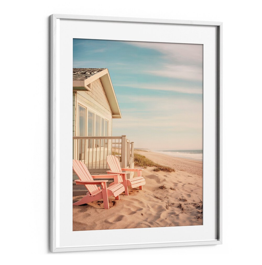 Tranquil coastal scene with pink chairs, part of the ALONG THE BEACH, BEACH PAINTINGS collection by Philippe Hugonnard.