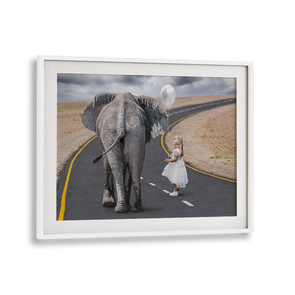 Whimsical scene of a girl with a balloon alongside an elephant, featured in HELLO MR ELEPHANT, PHOTOGRAPHY PRINTS.
