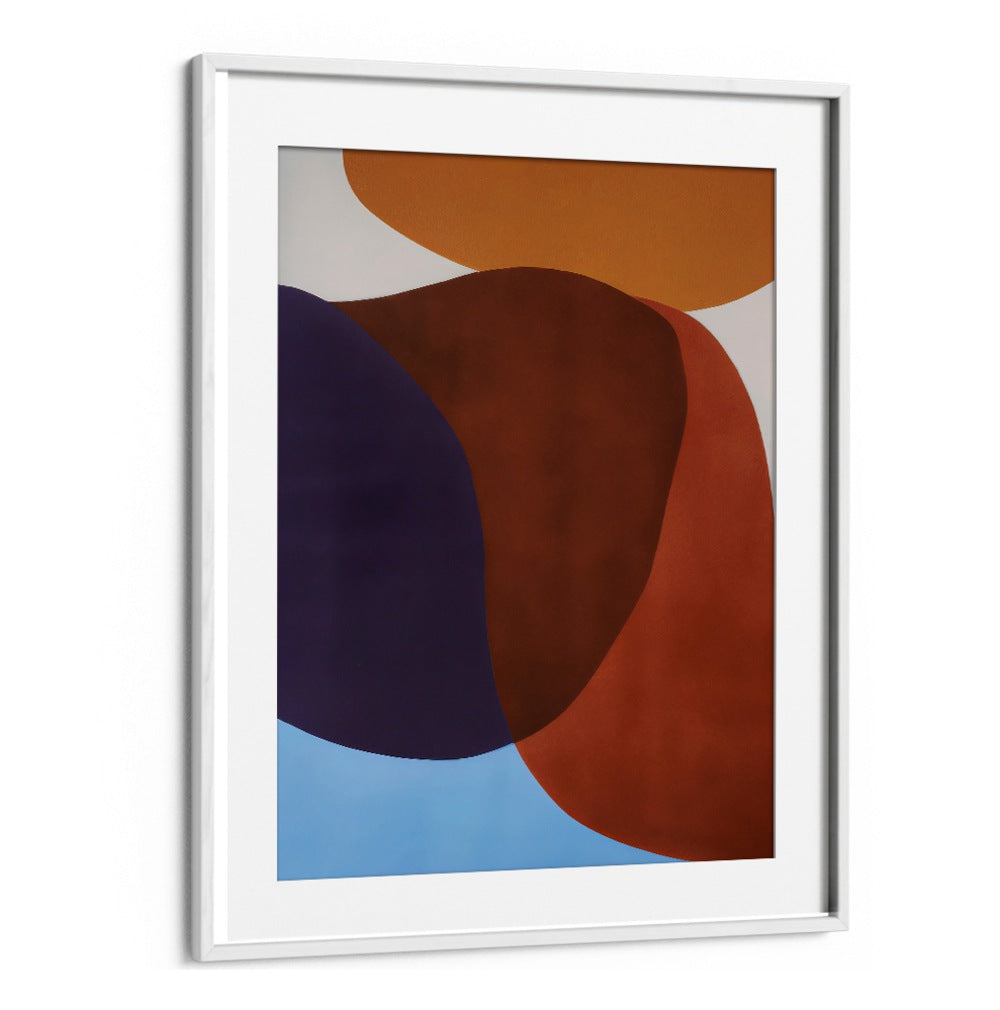 FREE FORM , ABSTRACT PAINTINGS featuring layered organic shapes in blue, brown, and orange tones by Whitemount.