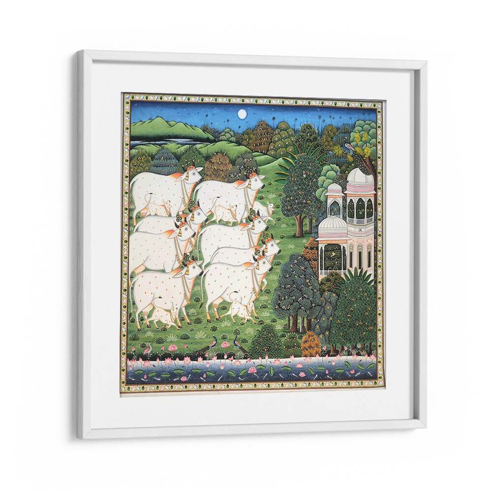 COW AND CALF PICHWAI, INDIAN ART PAINTINGS showcase vibrant rural life through exquisite hand-painted craftsmanship.