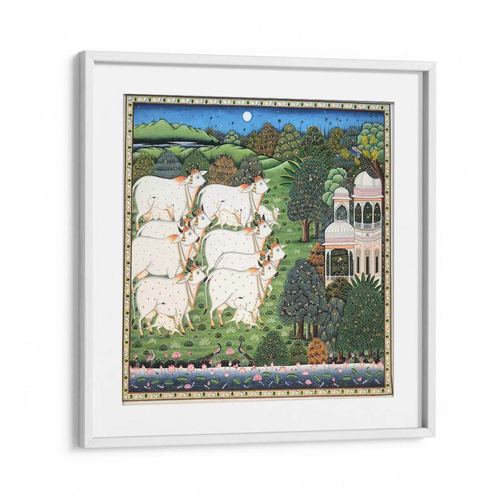 COW AND CALF PICHWAI, INDIAN ART PAINTINGS showcase vibrant rural life through exquisite hand-painted craftsmanship.