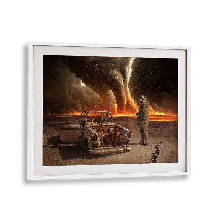 Surreal FIRE STORM, PHOTOGRAPHY PRINTS featuring a figure in a dramatic landscape of swirling flames and storms.