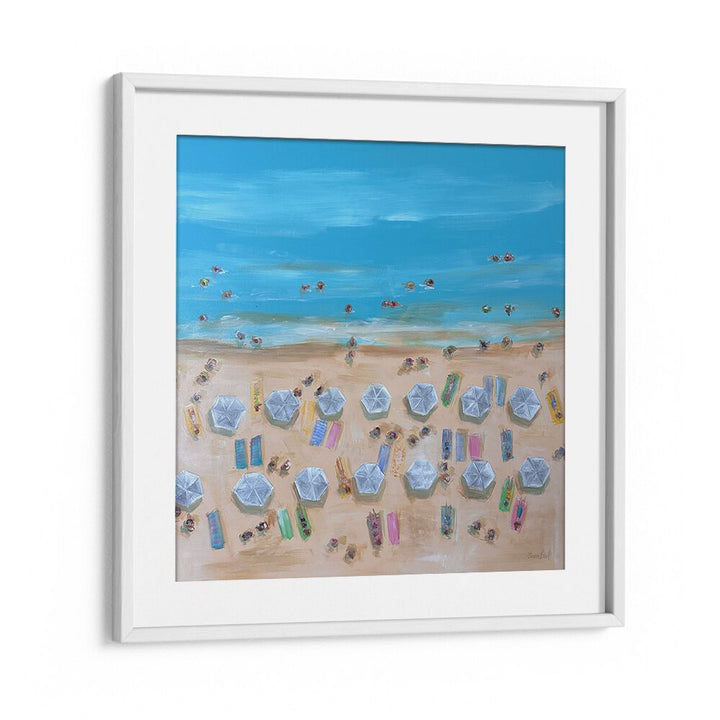 Vibrant BIRDSEYE WHITE UMBRELLAS, BEACH PAINTINGS create a coastal paradise vibe for your home decor.