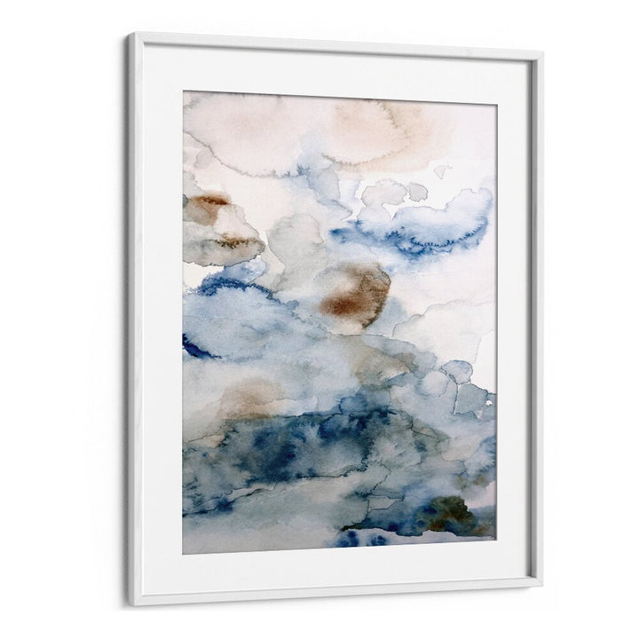 Abstract watercolor artwork titled "UP IN THE CLOUDS IV, ABSTRACT PAINTINGS," featuring soft blues and earthy tones.
