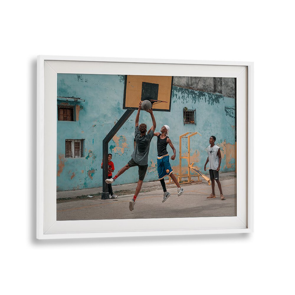 Dynamic streetball action captured in vibrant photography prints, showcasing urban life and athleticism.