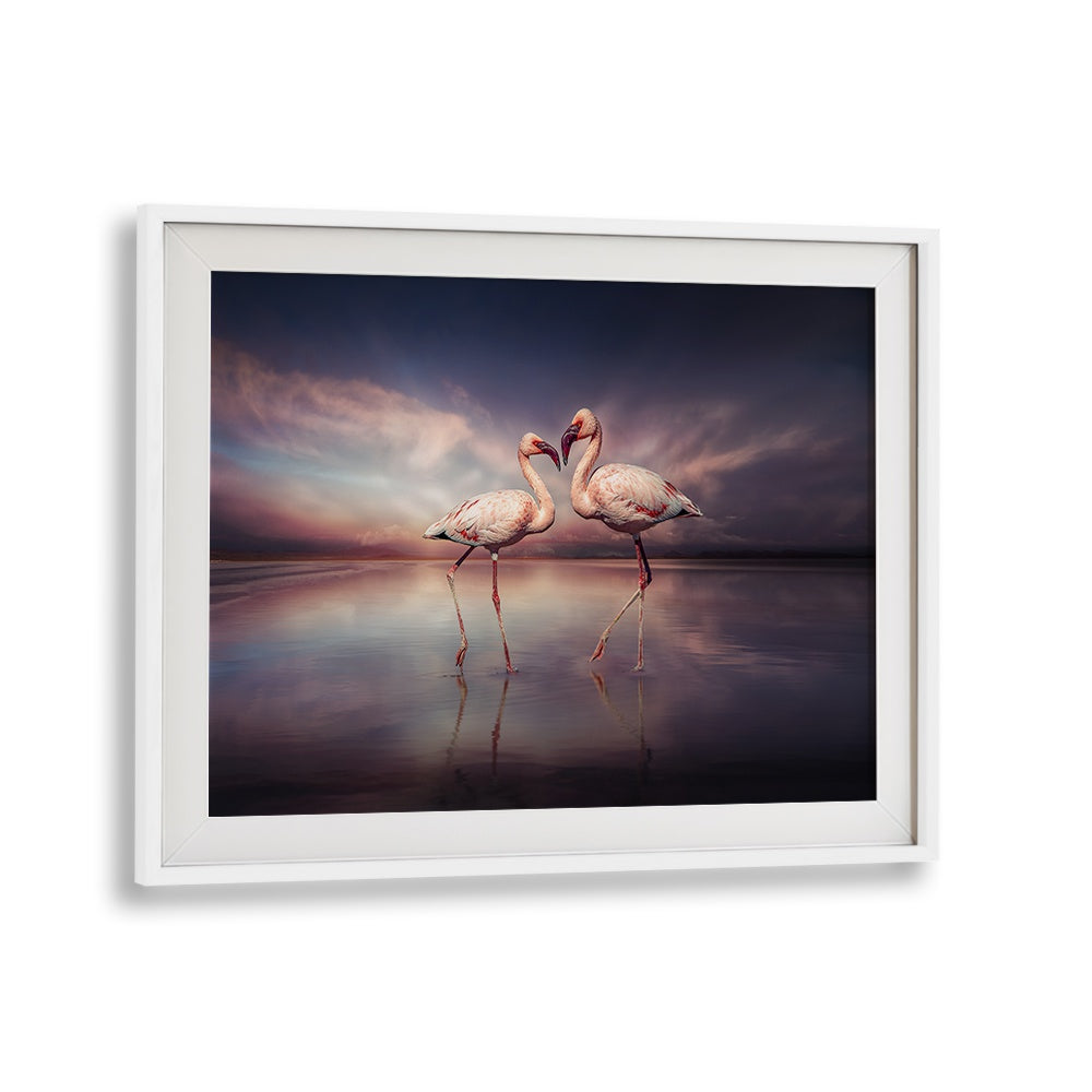 Elegant FLAMINGO LOVE, PHOTOGRAPHY PRINTS showcasing two flamingos in a serene, surreal reflection, perfect for your decor.
