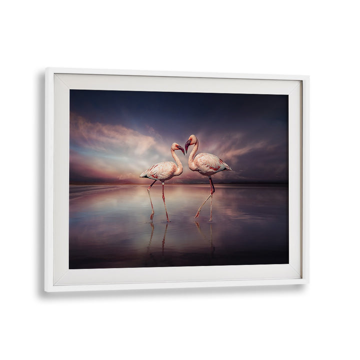 Elegant FLAMINGO LOVE, PHOTOGRAPHY PRINTS showcasing two flamingos in a serene, surreal reflection, perfect for your decor.