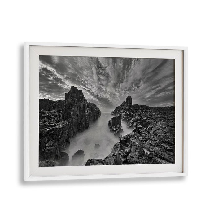 Stunning black and white landscape featuring rocky formations, perfect for GATE TO HEAVEN, PHOTOGRAPHY PRINTS.