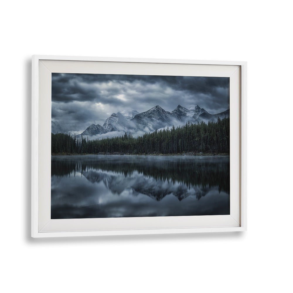 Serene reflection of cold mountains in a tranquil lake, showcasing stunning COLD MOUNTAINS, PHOTOGRAPHY PRINTS.