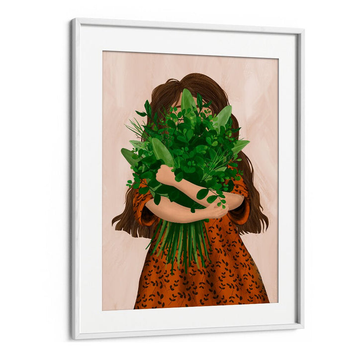 Whimsical GIRL WITH POSY, KIDS ROOM PAINTINGS, featuring a girl embracing lush greenery, perfect for children's decor.