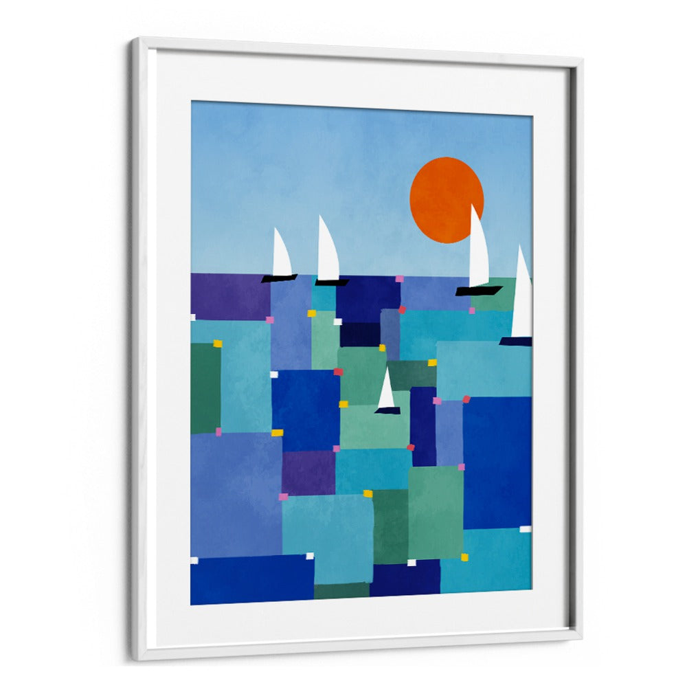Colorful abstract art featuring boats and a vibrant sun, perfect for ocean lovers: RADIANT OCEAN VOYAGE, BEACH PAINTINGS.