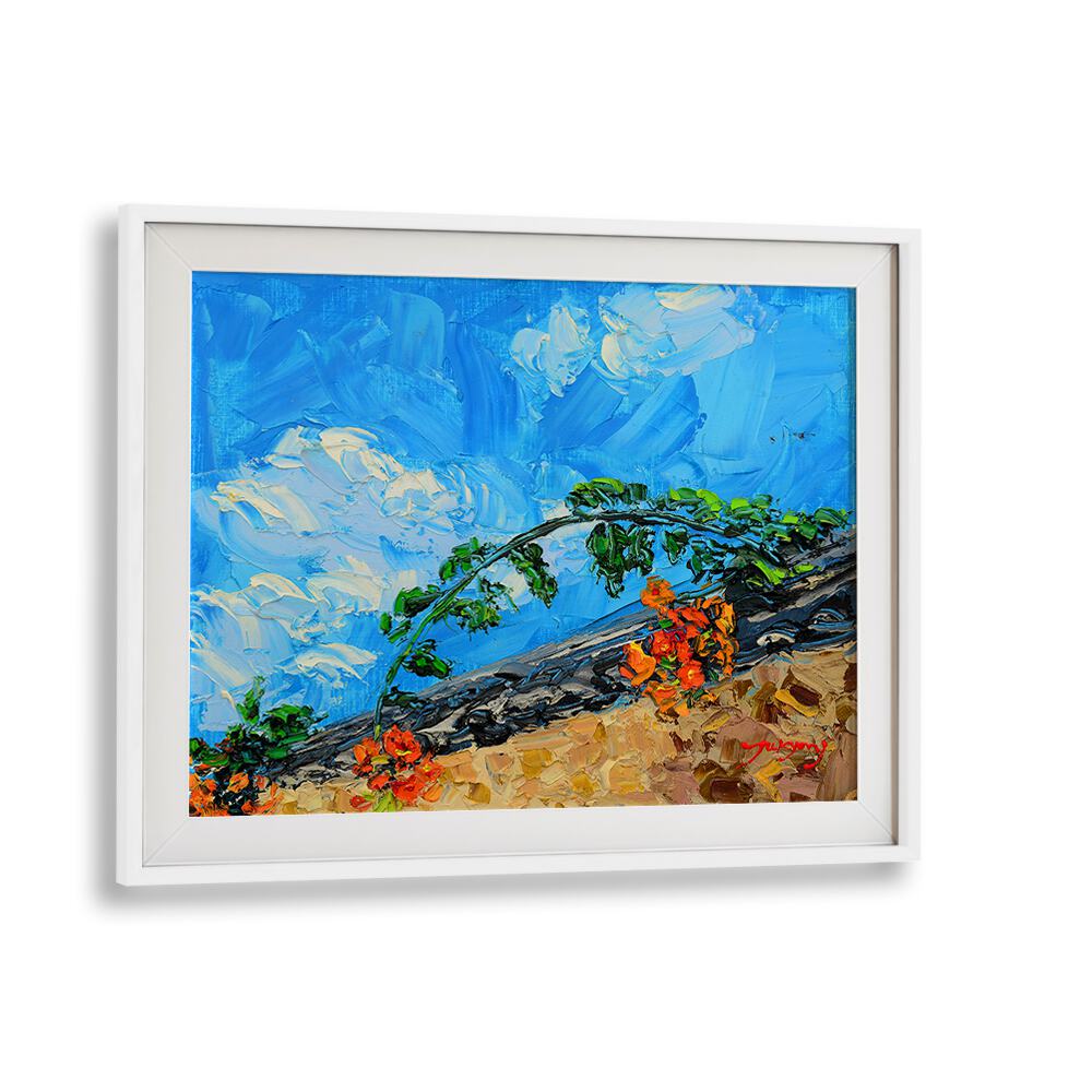 Vibrant JACARANDA CANVAS, FLORAL FLOWER PAINTINGS showcase bold colors and a serene sky, perfect for home decor.