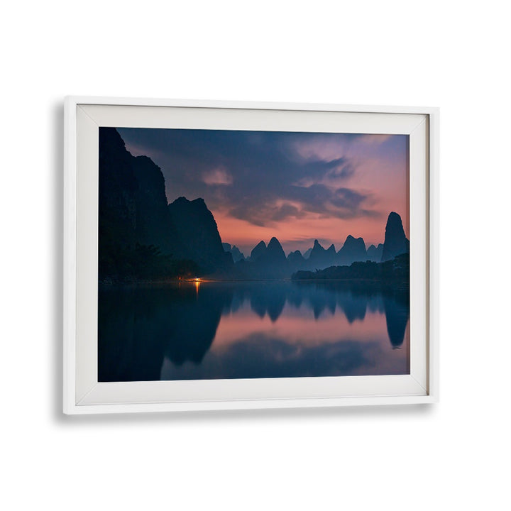 Tranquil landscape of Li River at dawn, featured in THE DAWN OF LI RIVER, PHOTOGRAPHY PRINTS for serene decor.