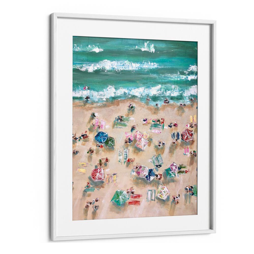 Vibrant SUNBATHERS, BEACH PAINTINGS showcasing colorful umbrellas and sunbathers enjoying a sunny coastal shore.