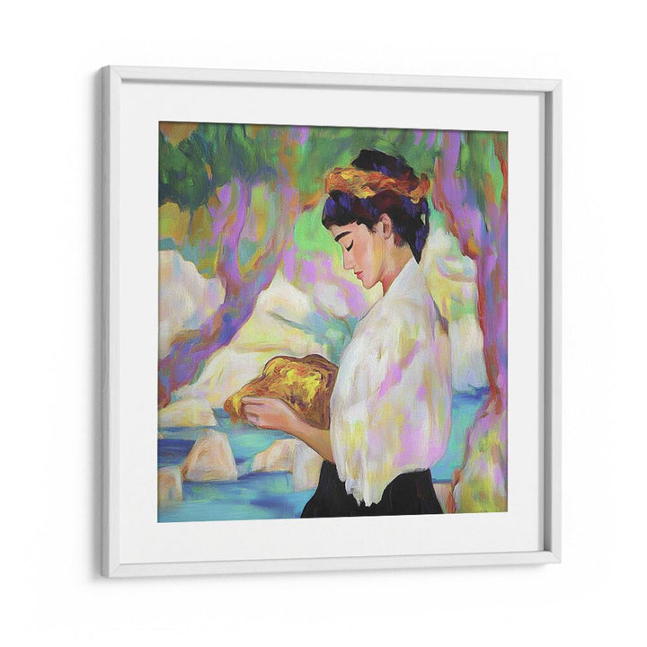 Captivating WOMAN WITH A ROCK art piece, showcasing strength and beauty in vibrant colors and modern elegance.