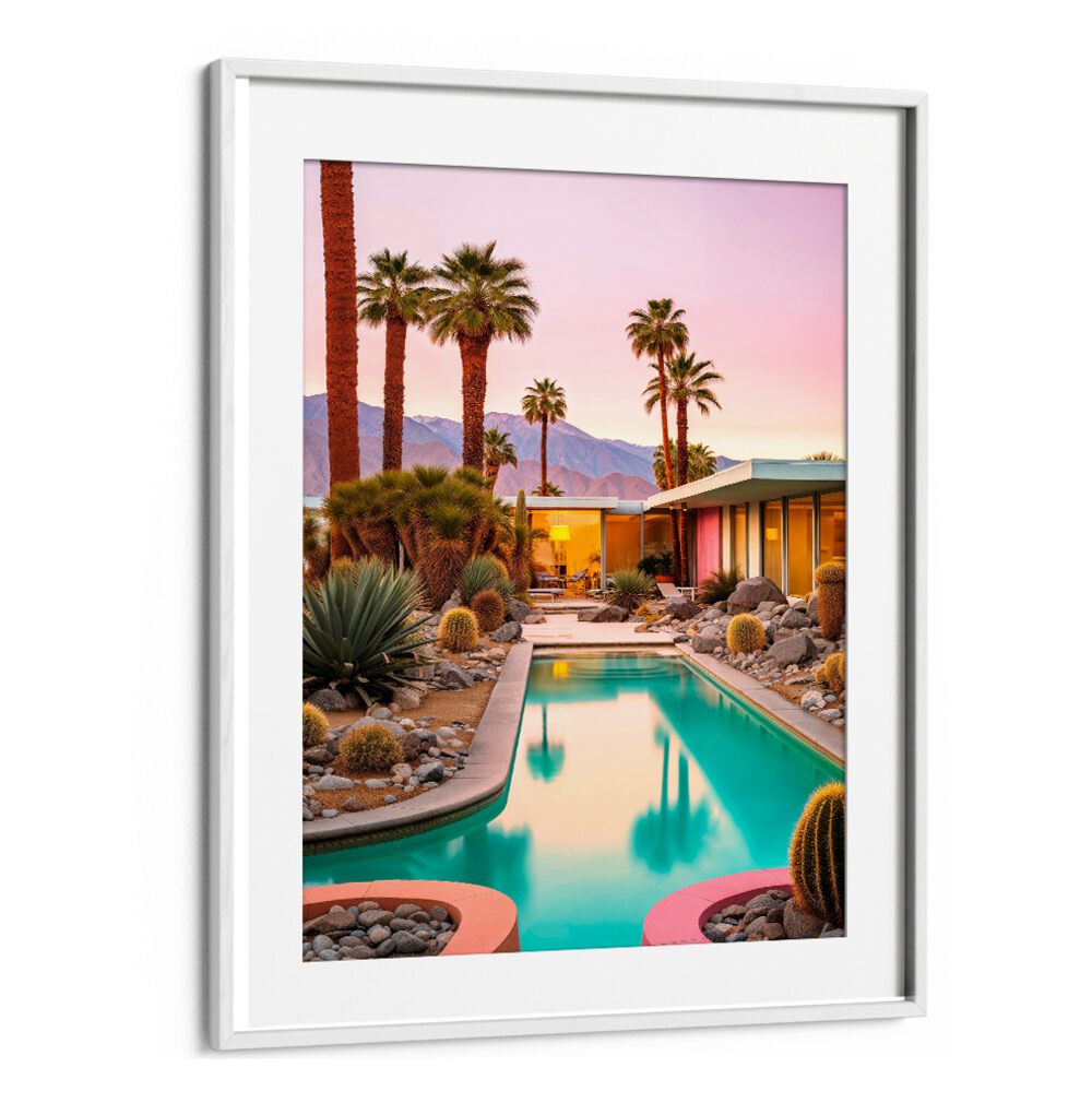 Vibrant MID-CENTURY MAGIC, BEACH PAINTINGS showcase a stunning poolside scene, perfect for modern home decor.