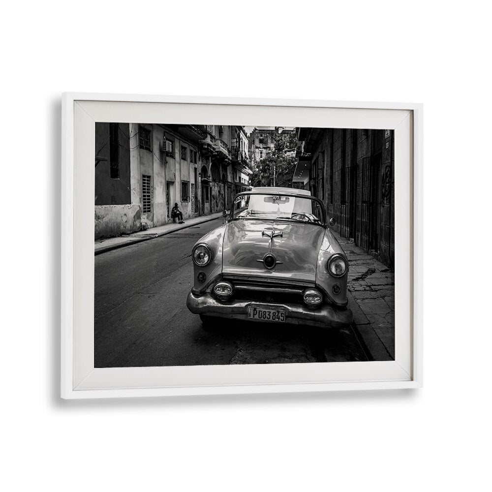 Classic car parked on a Havana street in HABANA STREET IN BACK AND WHITE III, PHOTOGRAPHY PRINTS by WhiteMount.