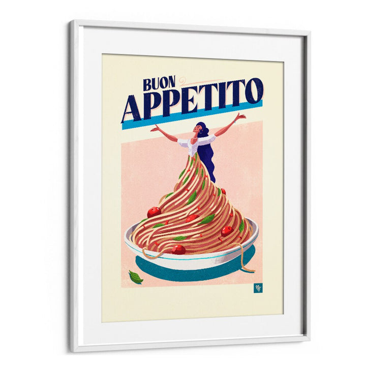 Whimsical BUON APPETITO I, BAR art featuring a chef and delicious pasta, perfect for your kitchen decor.