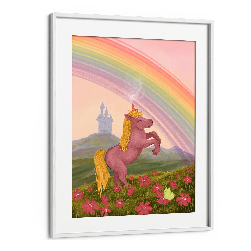 Vibrant RAINBOW UNICORN , KIDS ROOM PAINTINGS featuring a pink unicorn and a colorful rainbow, perfect for kids' decor.