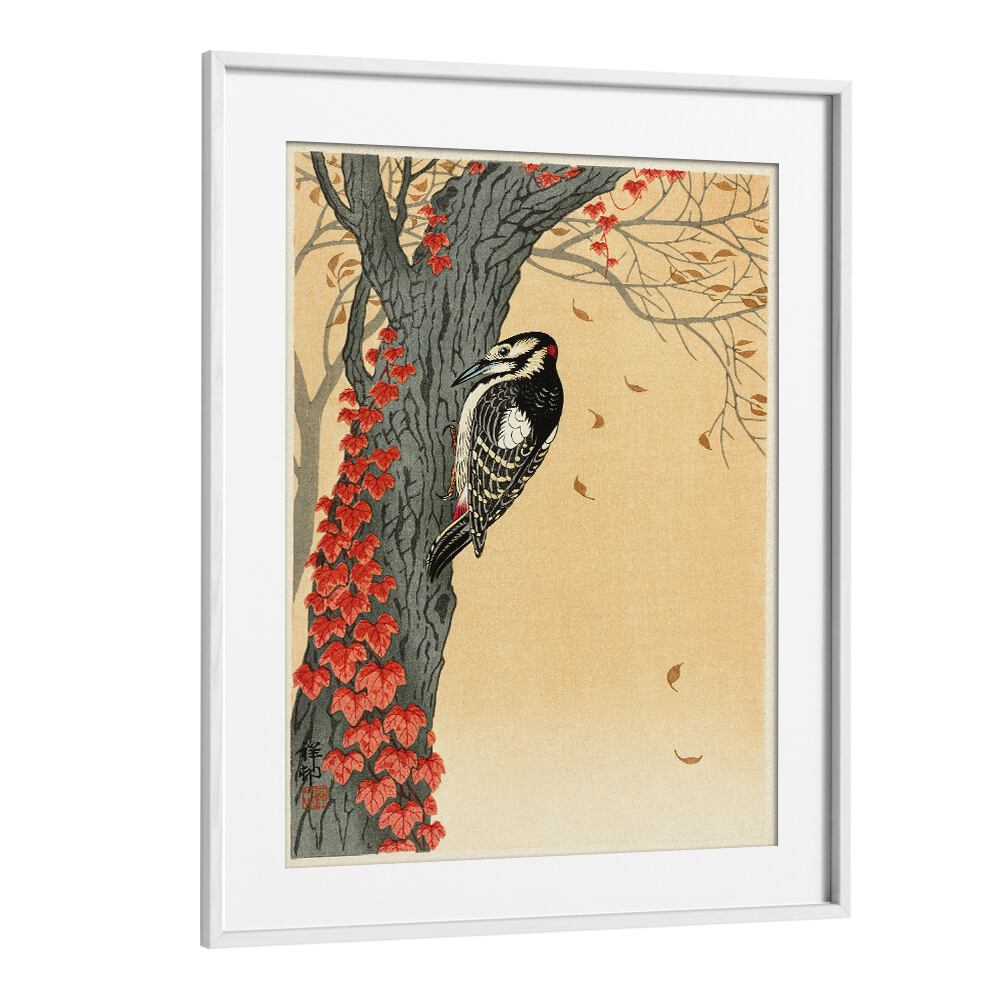 GREAT SPOTTED WOODPECKER IN TREE WITH RED IVY (1925 - 1936) , JAPANESE PAINTINGS , JAPANESE ART PRINTS