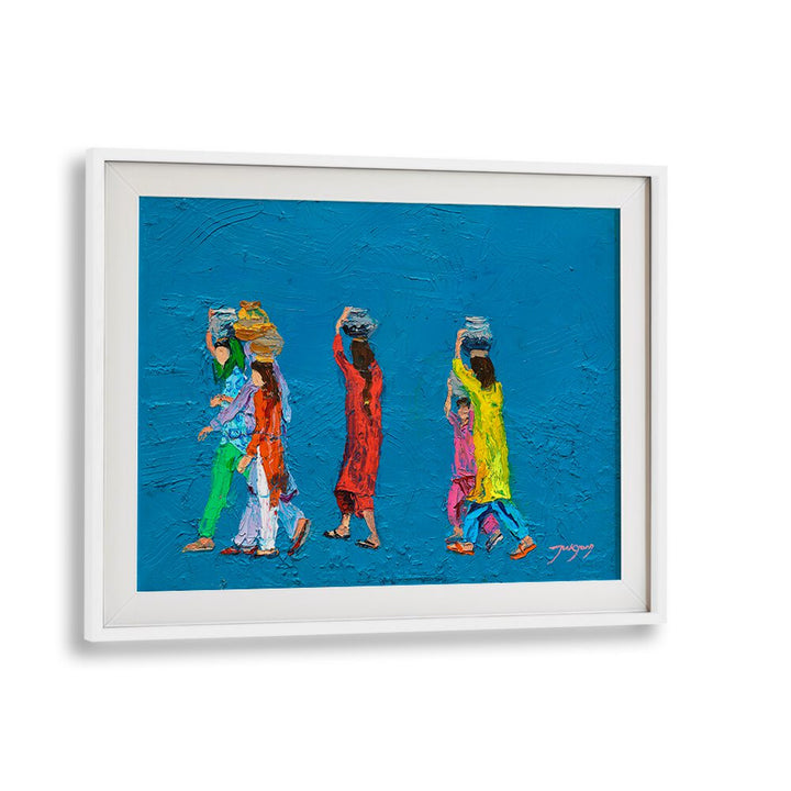 Vibrant WOMEN WITH BASKETS, INDIAN ART PAINTINGS showcasing colorful figures against a bright blue background.