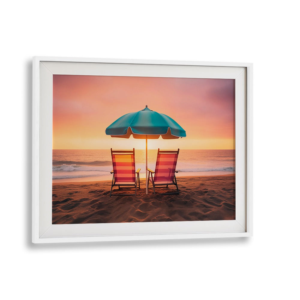 Enjoy the serene beauty of SUMMER SUNSET, BEACH PAINTINGS with cozy chairs and a vibrant umbrella by the sea.