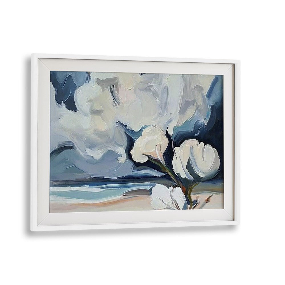 Serene WHITE FLOWERS ON THE BEACH artwork captures white blooms against soft sand, adding tranquility to your space.