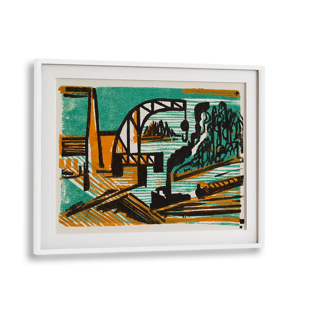 RIVER LANDSCAPE WITH CRANE AND BARGES (1927)  , VINTAGE PAINTINGS