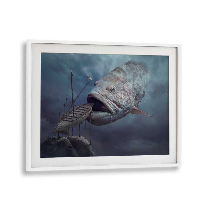 Surreal artwork featuring a giant fish and a boat, showcasing SHIP OF HOPE, PHOTOGRAPHY PRINTS for unique decor.