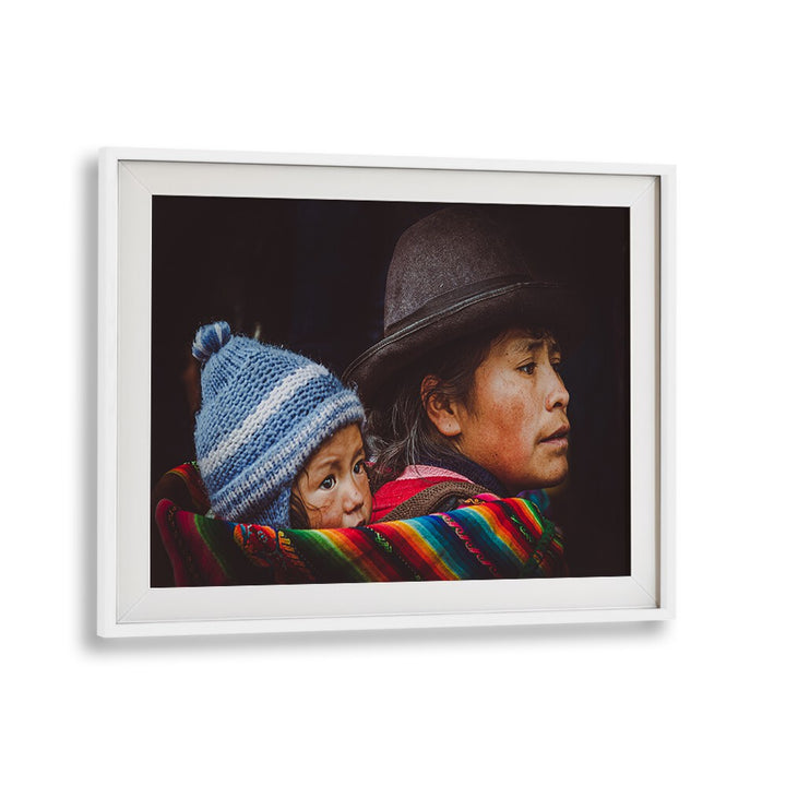 Capture urban life with CUSCO STREET II, PHOTOGRAPHY PRINTS showcasing a mother and child in vibrant Peruvian attire.