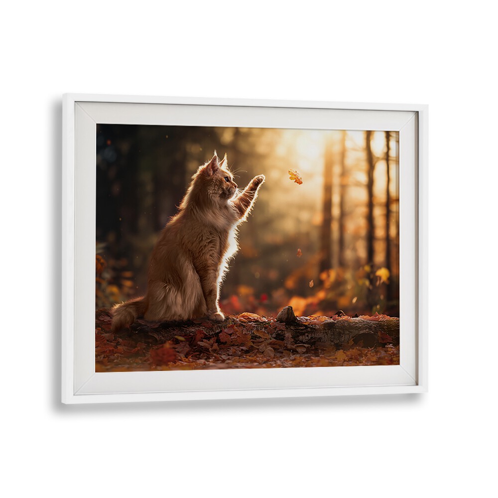A golden cat playfully swats at falling leaves, showcasing the charm of AUTUMN CAT, PHOTOGRAPHY PRINTS.