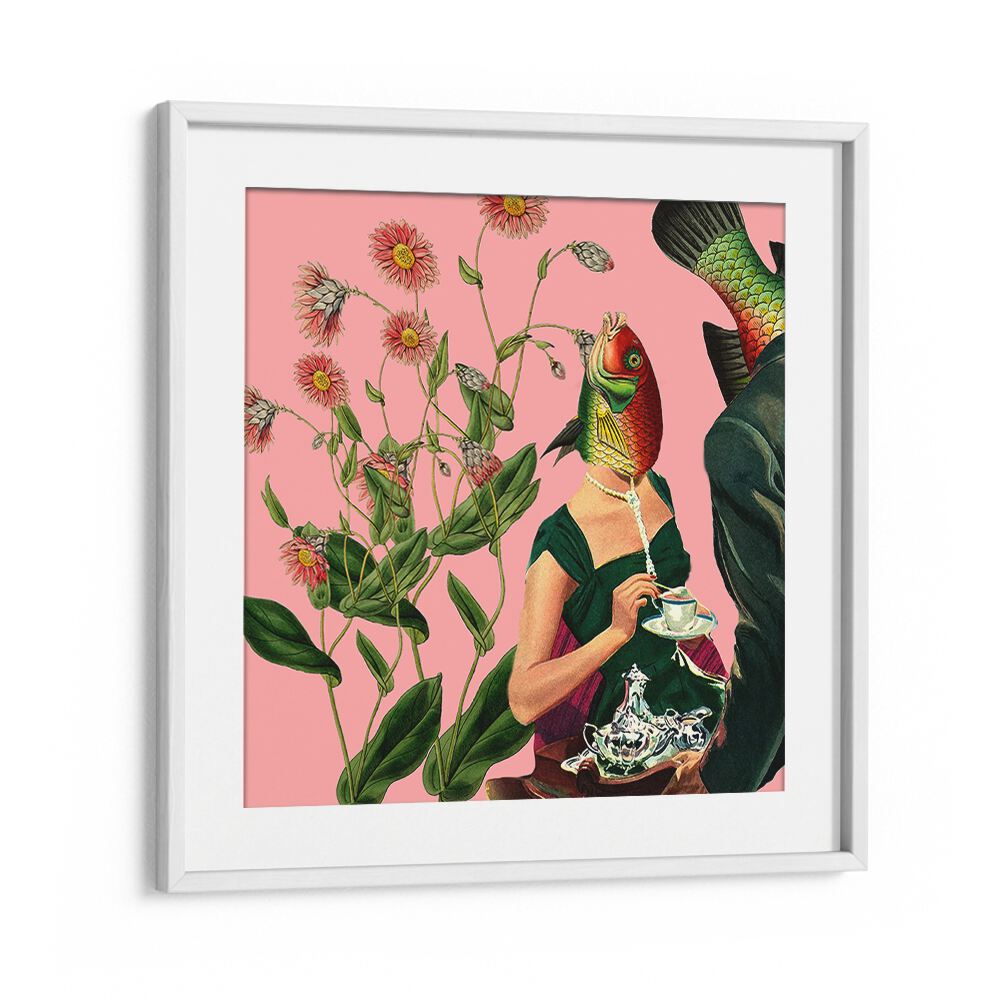 Surreal art prints featuring vibrant fish and floral elements, showcasing FISH SOULMATE PINK for modern spaces.
