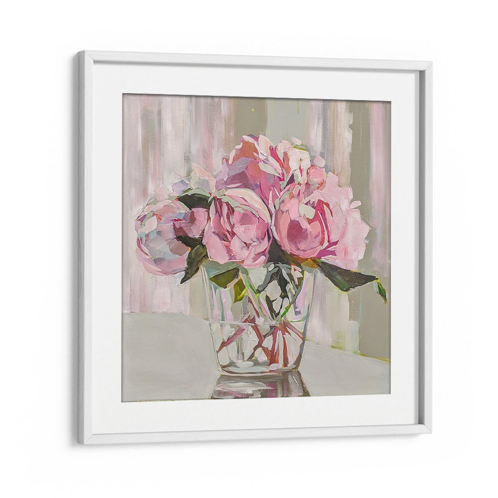 Stunning PEONIES, FLORAL FLOWER PAINTINGS in a clear vase, adding elegance to any decor and transforming your space.