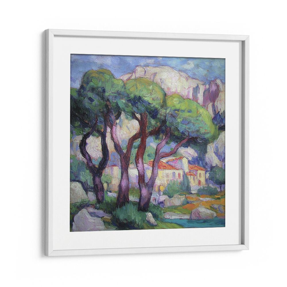 Beautiful artwork featuring PINE TREES IN FRONT OF THE HOUSE, adding a serene touch to your living space.