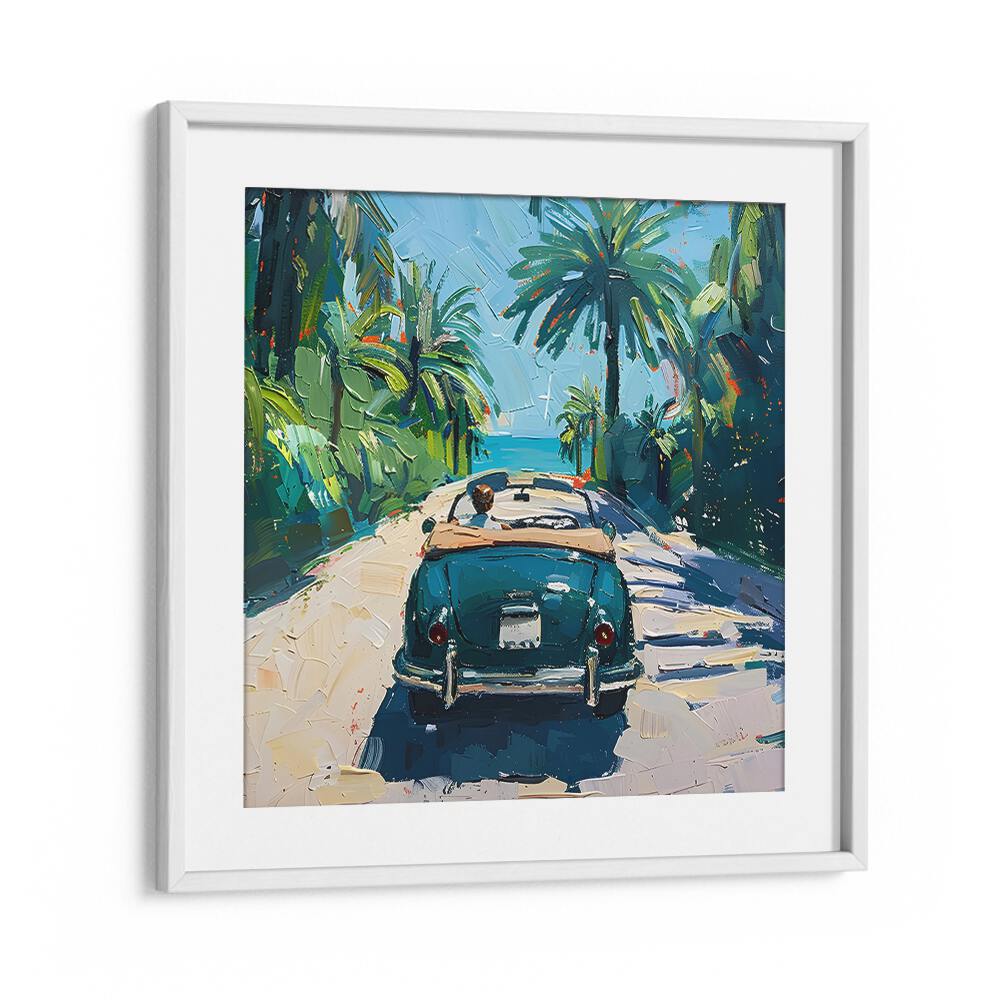 Vintage convertible driving along a sunny coastal road, embodying the essence of adventure with CAR ON THE BEACH.