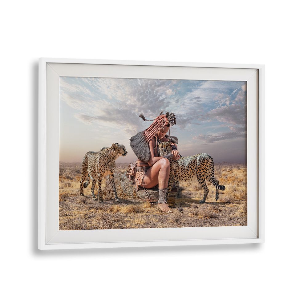 Surreal Cheetah Prayer photography prints showcasing a woman with cheetahs in a dreamy landscape. Perfect for art lovers.