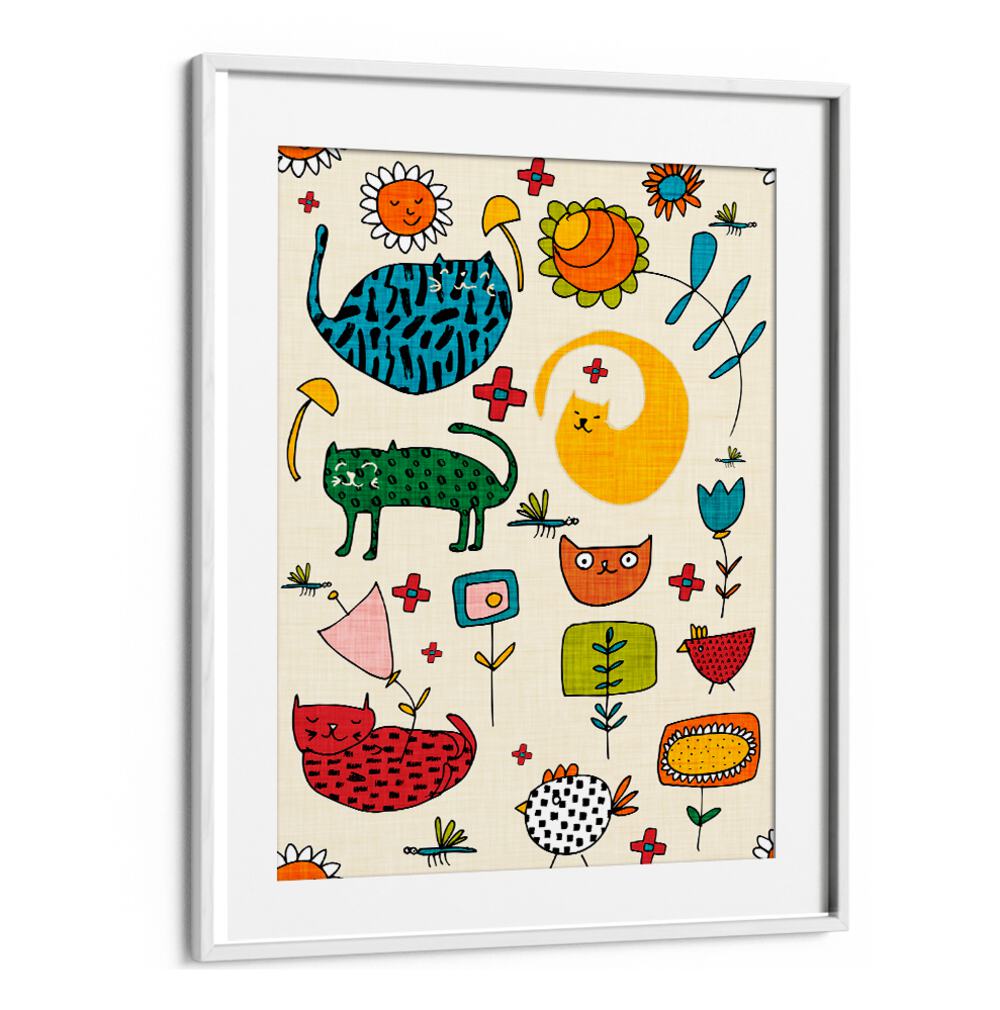 Colorful SPRING CAT BIEGE, KIDS ROOM PAINTINGS featuring playful cats and flowers, perfect for a child's room decor.