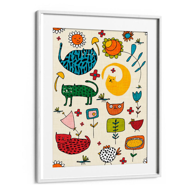 Colorful SPRING CAT BIEGE, KIDS ROOM PAINTINGS featuring playful cats and flowers, perfect for a child's room decor.