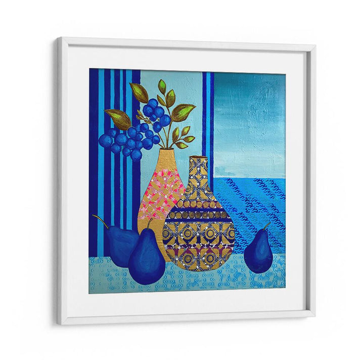 Vibrant BLUE MORNING, KITCHEN POSTERS featuring elegant vases and fruits, perfect for stylish home decor.