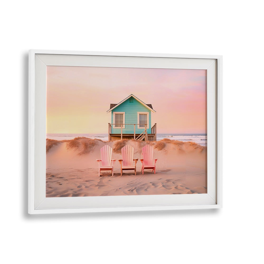Pastel Beach painting featuring a serene coastal scene with colorful beach house and chairs, ideal for tranquil decor.