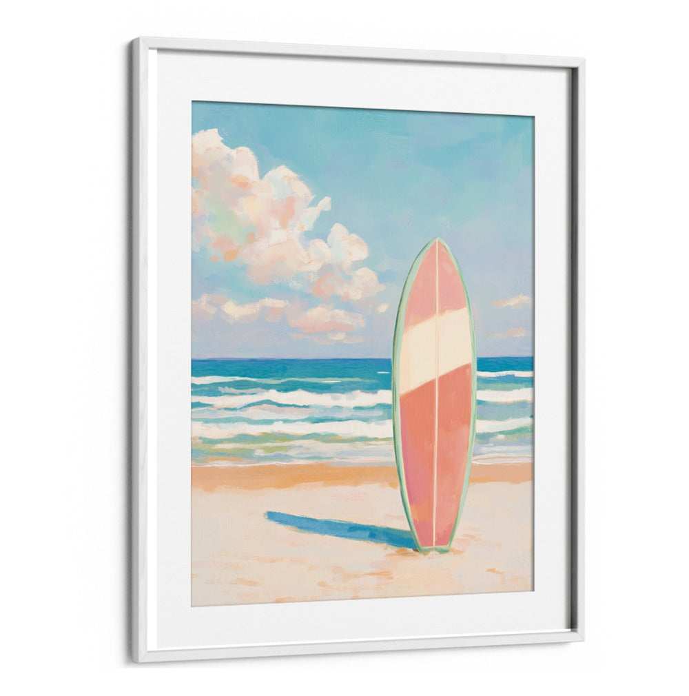 Colorful SEA BEACH SURFBOARD standing on the sand, perfect for BEACH PAINTINGS enthusiasts and ocean lovers.