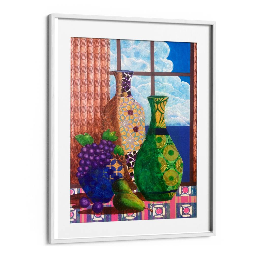Vibrant still life featuring bottles and fruit, perfect for a serene touch with QUIETUDE AT DAWN, KITCHEN POSTERS.